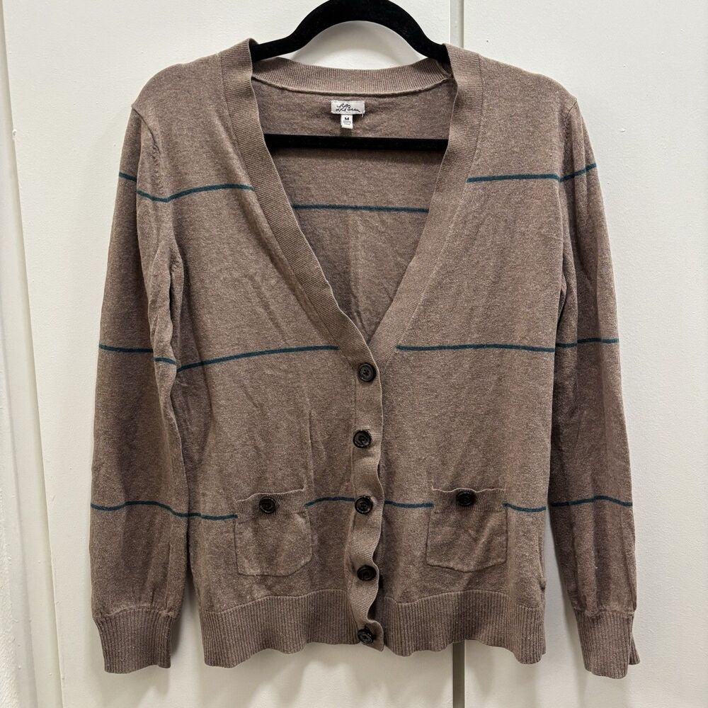 VTG L.L. Bean Women’s Sz Medium Brown Striped V-neck Button Cardigan Academia